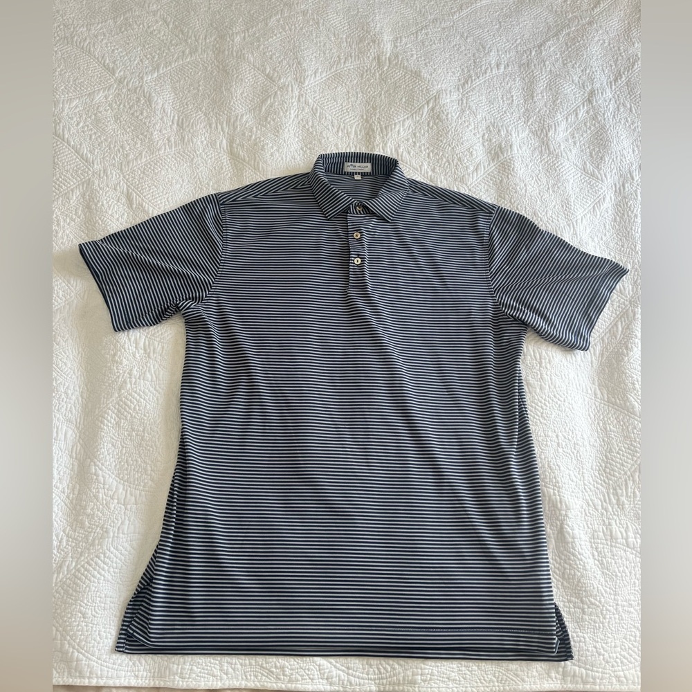 Peter Millar Summer Comfort Men’s Polo Shirt Large Gray Navy Stripe EUC